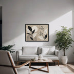 Boho Leaves and Moon Canvas Art - Horizontal – Black Floating Frame in room setting