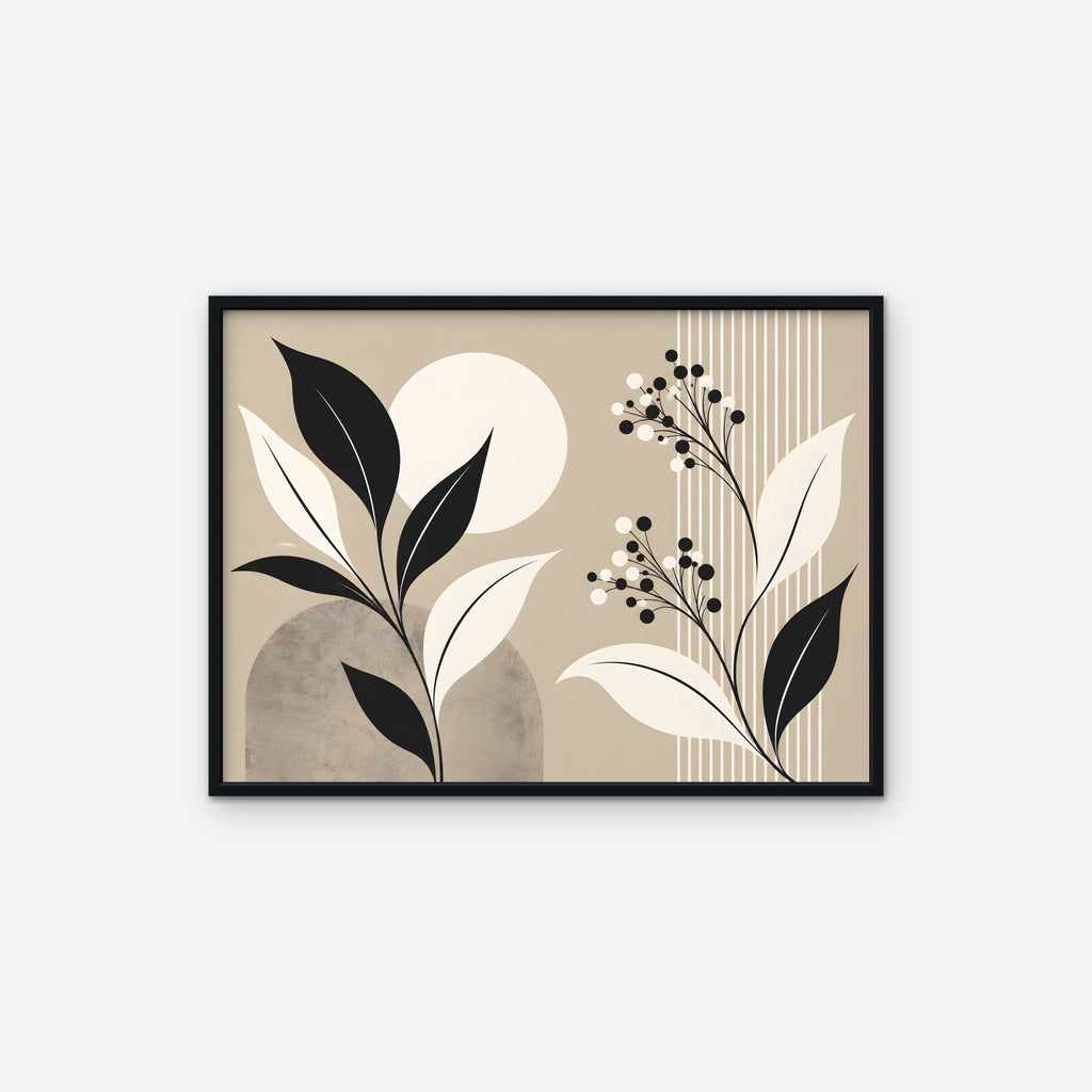 Boho Leaves and Moon Canvas Art - Horizontal – Black Floating Frame on white background