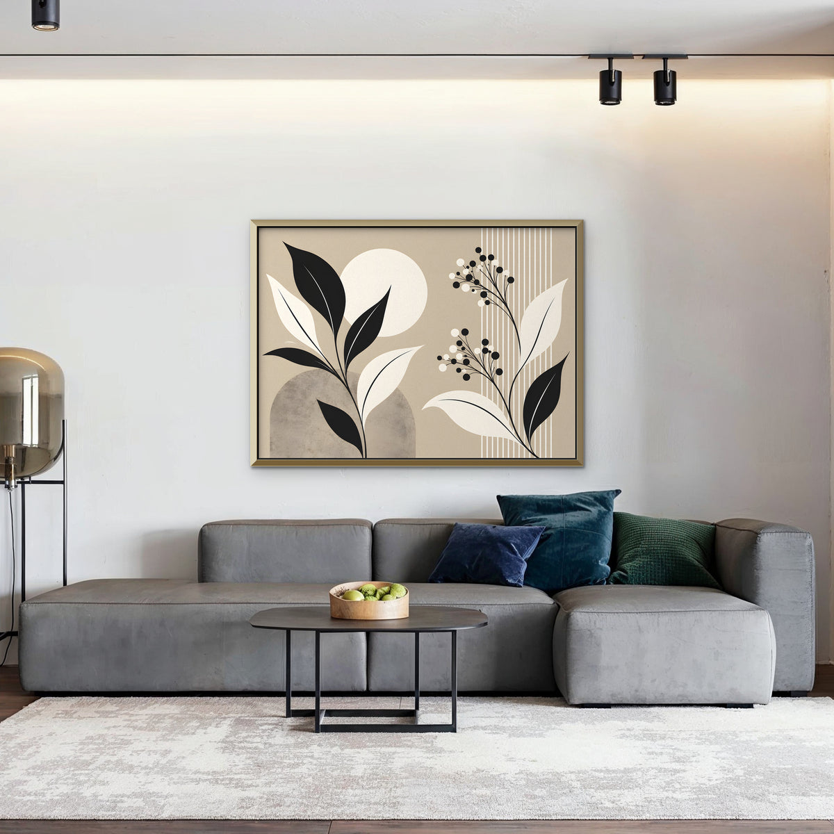 Boho Leaves and Moon Canvas Art - Horizontal – Gold Floating Frame in room setting