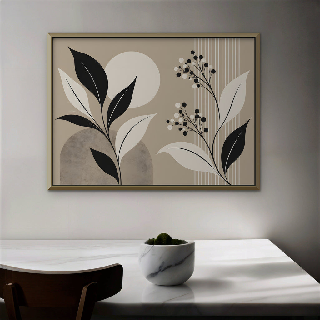 Boho Leaves and Moon Canvas Art - Horizontal – Gold Floating Frame in room setting