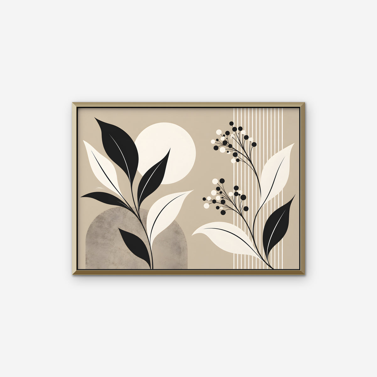 Boho Leaves and Moon Canvas Art - Horizontal – Gold Floating Frame on white background