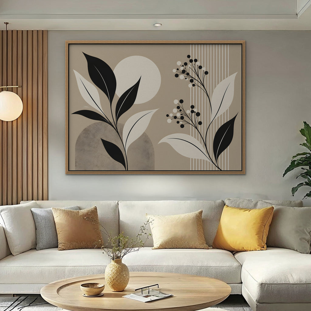 Boho Leaves and Moon Canvas Art - Horizontal – Oak Floating Frame in room setting