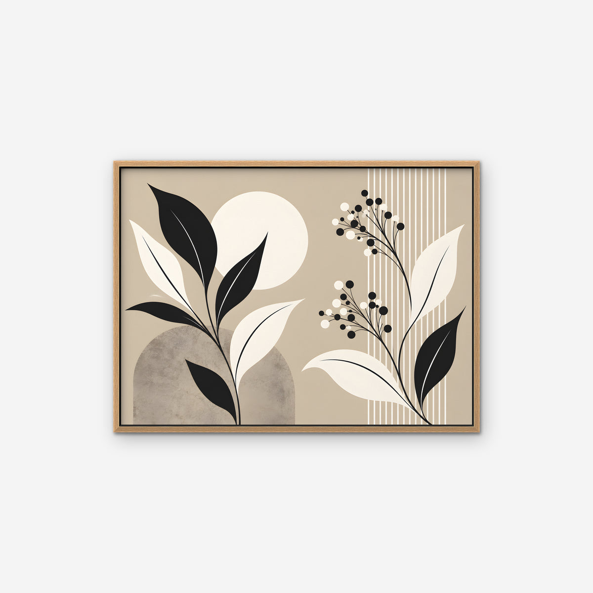 Boho Leaves and Moon Canvas Art - Horizontal – Oak Floating Frame on white background