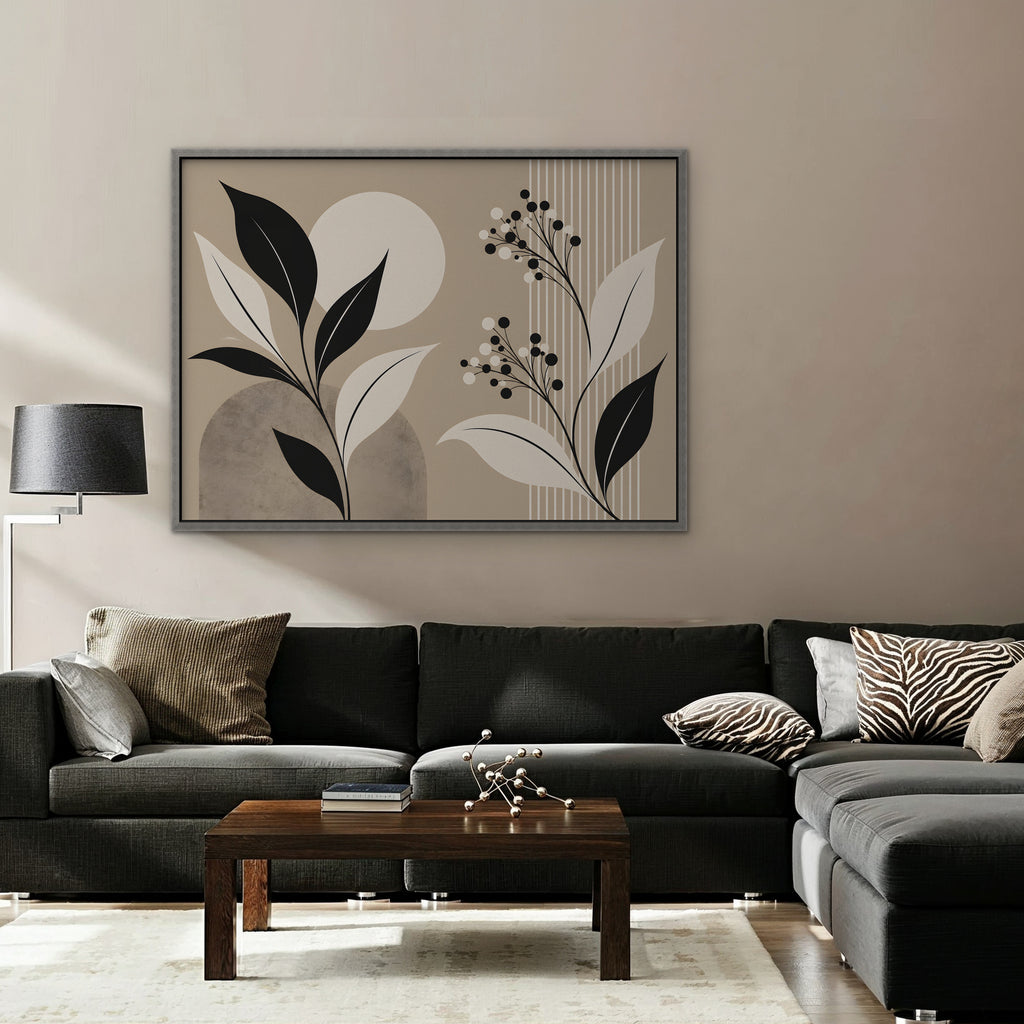 Boho Leaves and Moon Canvas Art - Horizontal – Silver Floating Frame in room setting