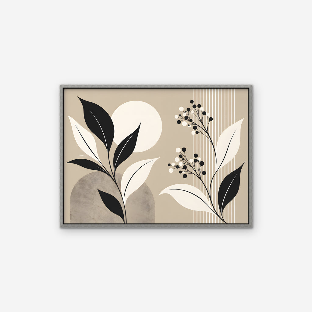 Boho Leaves and Moon Canvas Art - Horizontal – Silver Floating Frame on white background