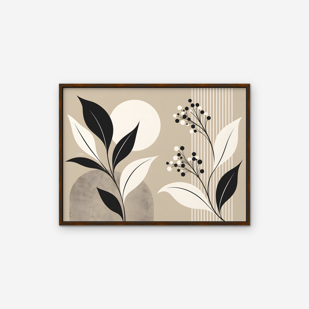 Boho Leaves and Moon Canvas Art - Horizontal – Walnut Floating Frame on white background