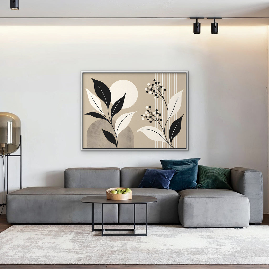 Boho Leaves and Moon Canvas Art - Horizontal – White Floating Frame in room setting