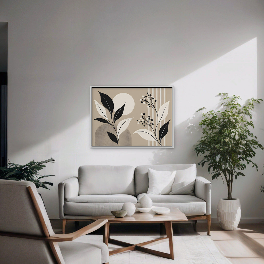 Boho Leaves and Moon Canvas Art - Horizontal – White Floating Frame in room setting