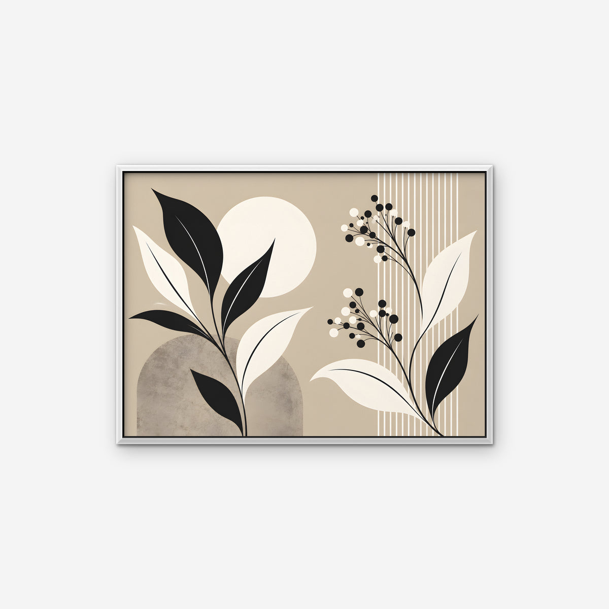 Boho Leaves and Moon Canvas Art - Horizontal – White Floating Frame on white background
