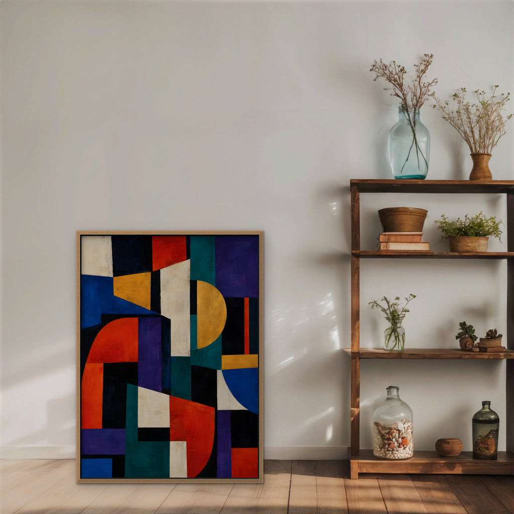 Bold Color Blocks Canvas Art - Vertical – Oak Floating Frame in room setting