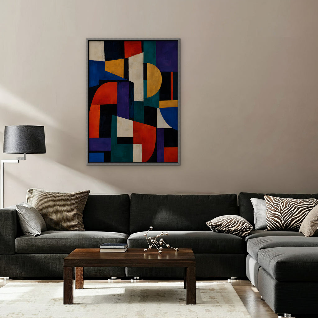 Bold Color Blocks Canvas Art - Vertical – Silver Floating Frame in room setting