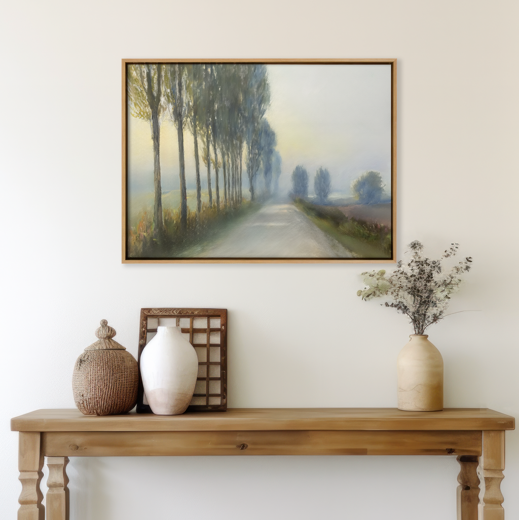 Whispering Pines at Daybreak – green vintage canvas wall art print by Aspire Prints