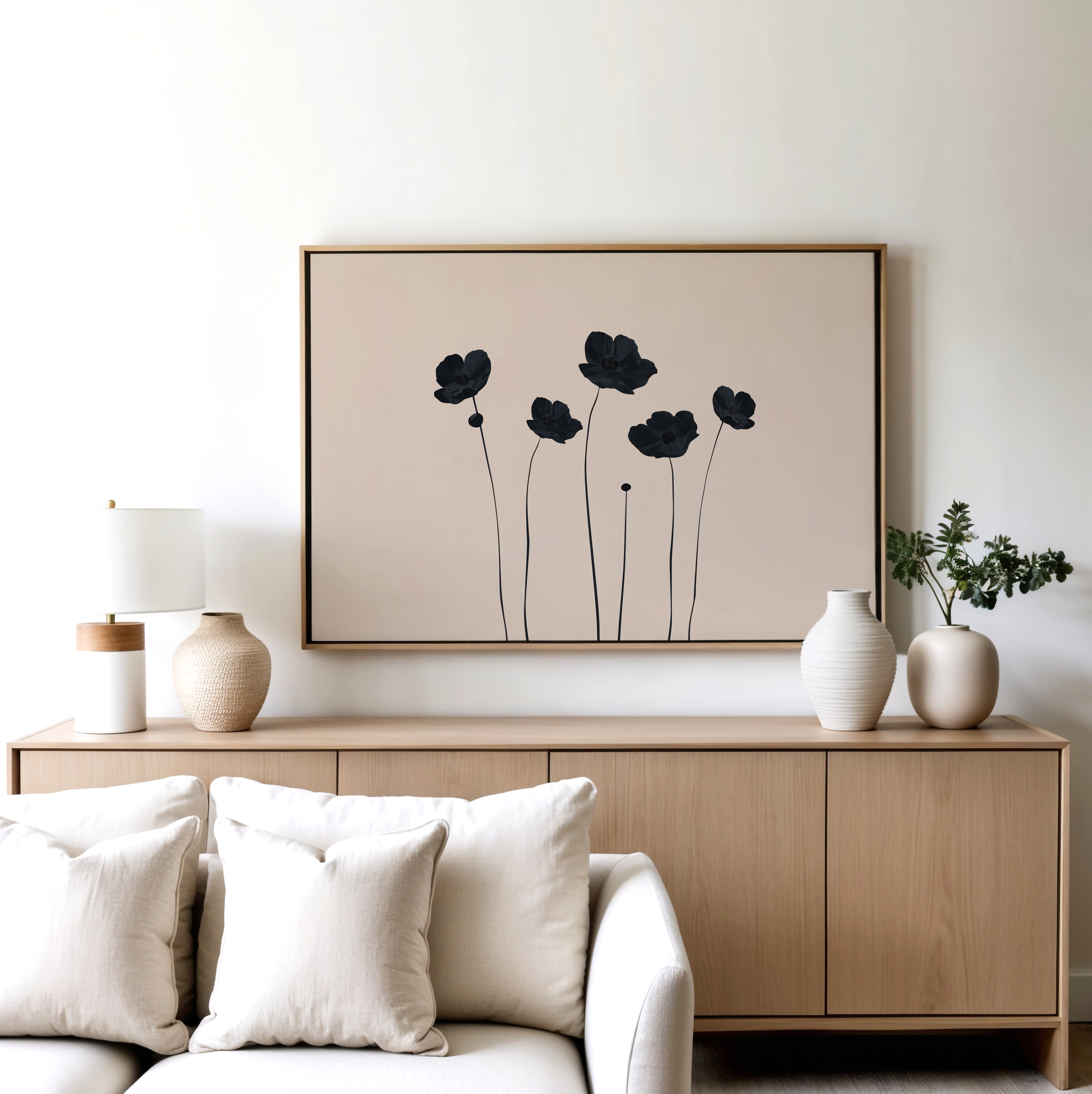 Whispers in Bloom – beige and white botanical canvas wall art print by Aspire Prints
