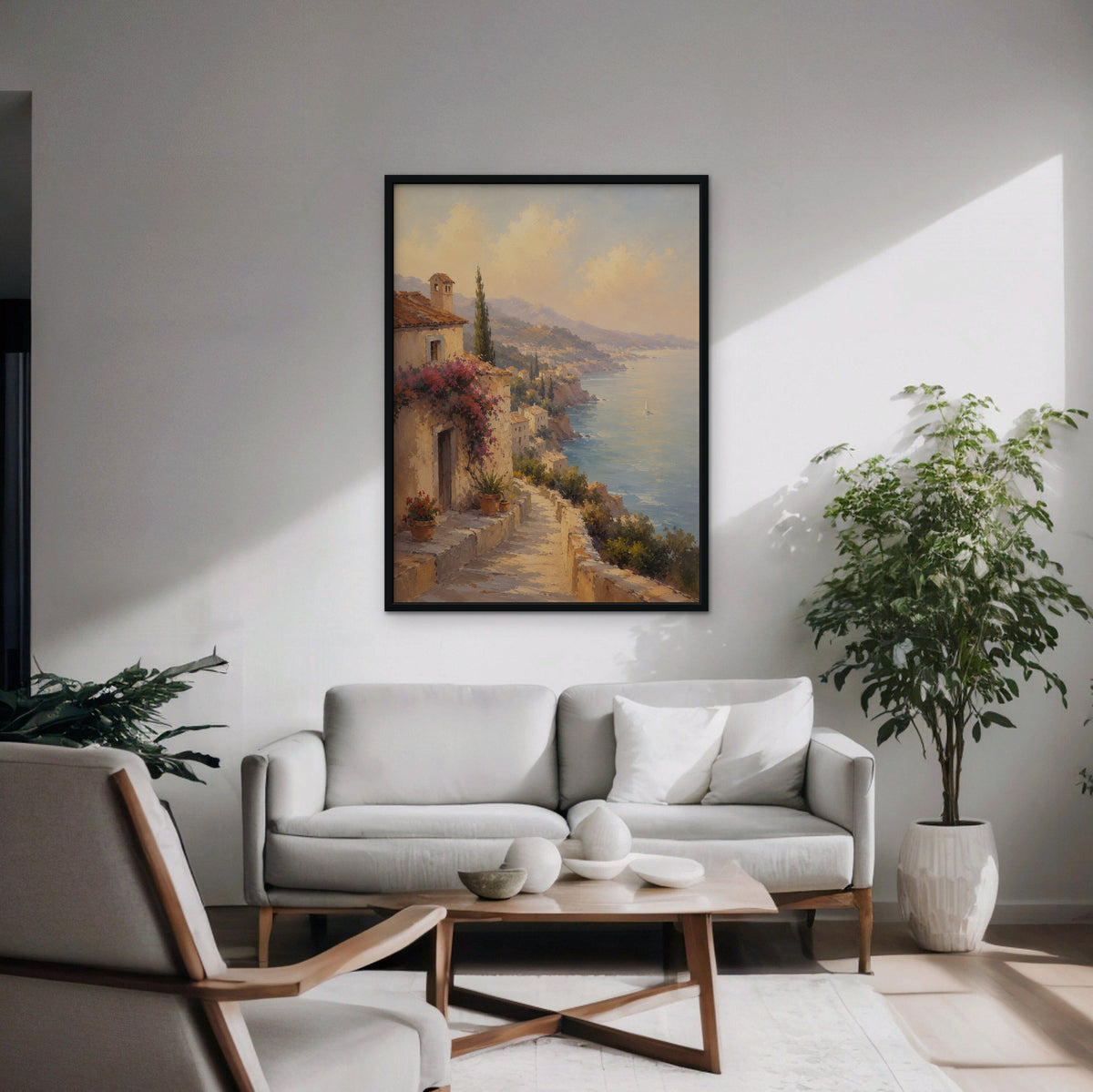Bougainvillea Coast Villa Canvas Art – vertical coastal villa landscape print in a black floating frame in a modern living room