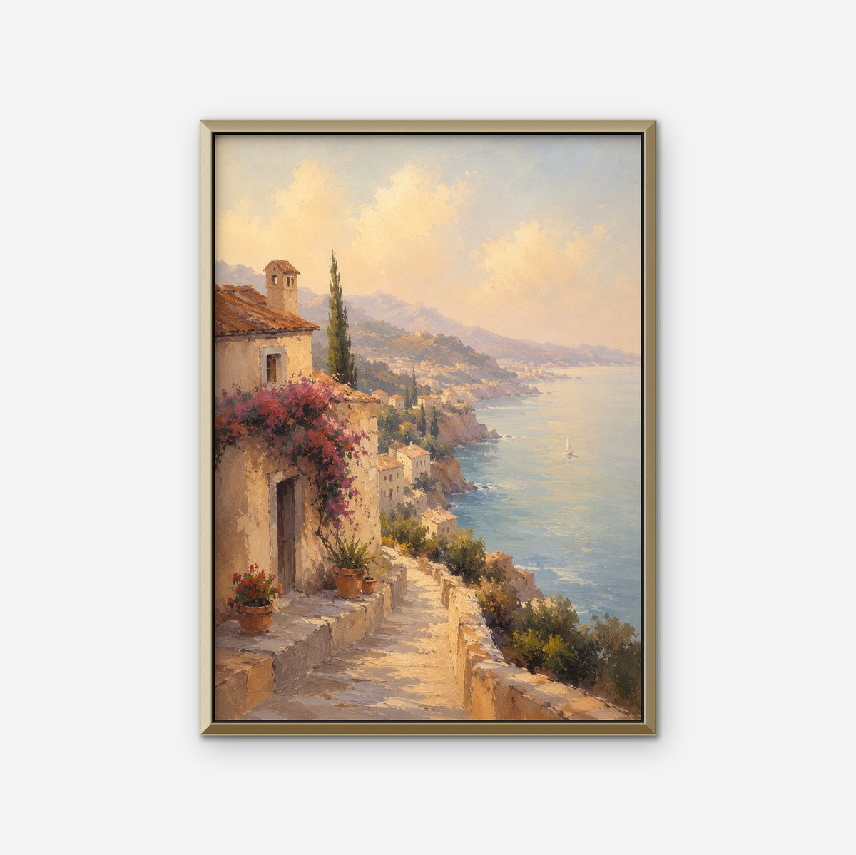 Bougainvillea Coast Villa Canvas Art – vertical coastal villa landscape print in a gold floating frame on a white background