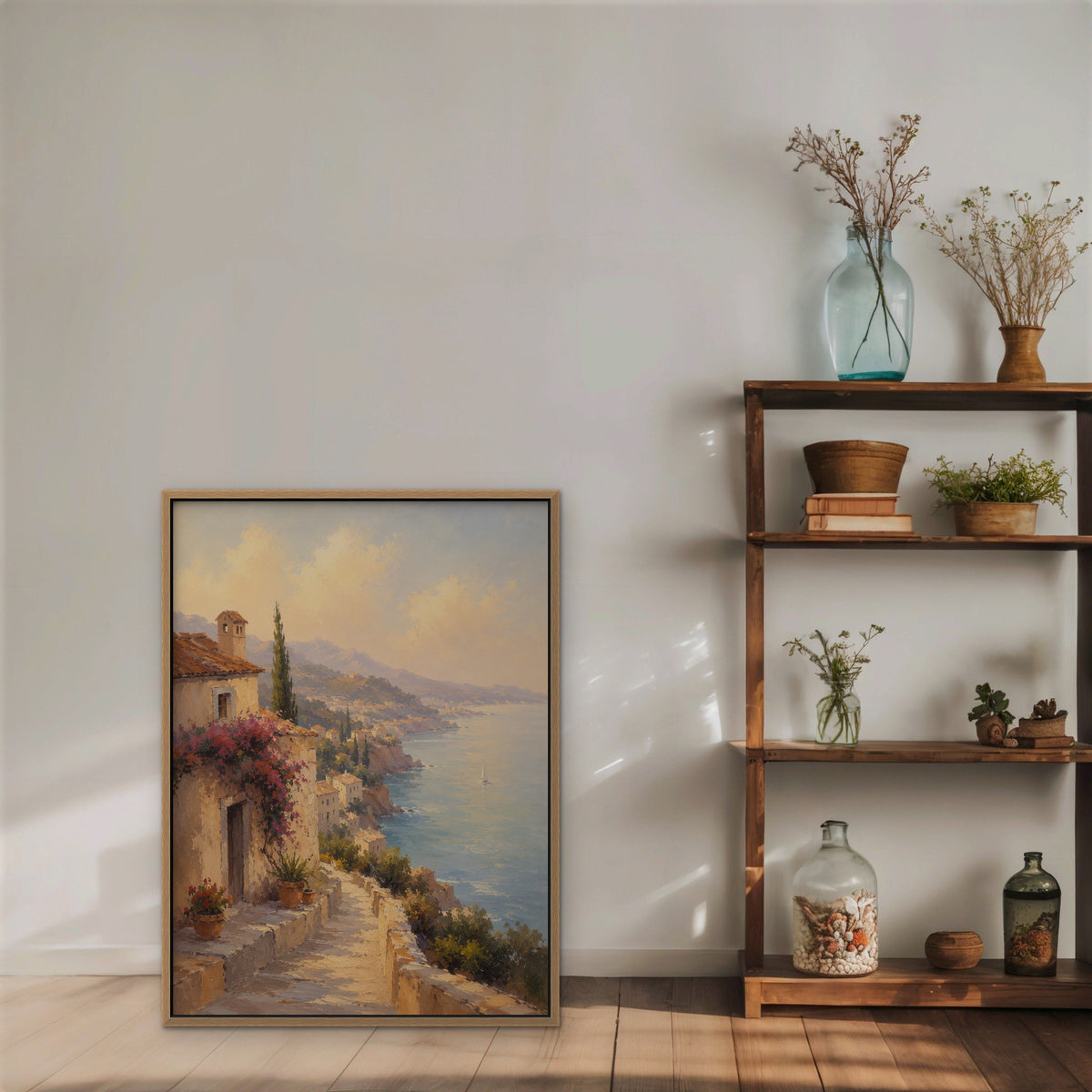 Bougainvillea Coast Villa Canvas Art – vertical coastal villa landscape print in an oak floating frame styled on a shelf