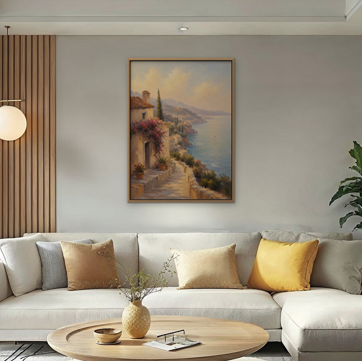 Bougainvillea Coast Villa Canvas Art – vertical coastal villa landscape print in an oak floating frame in a bright living room