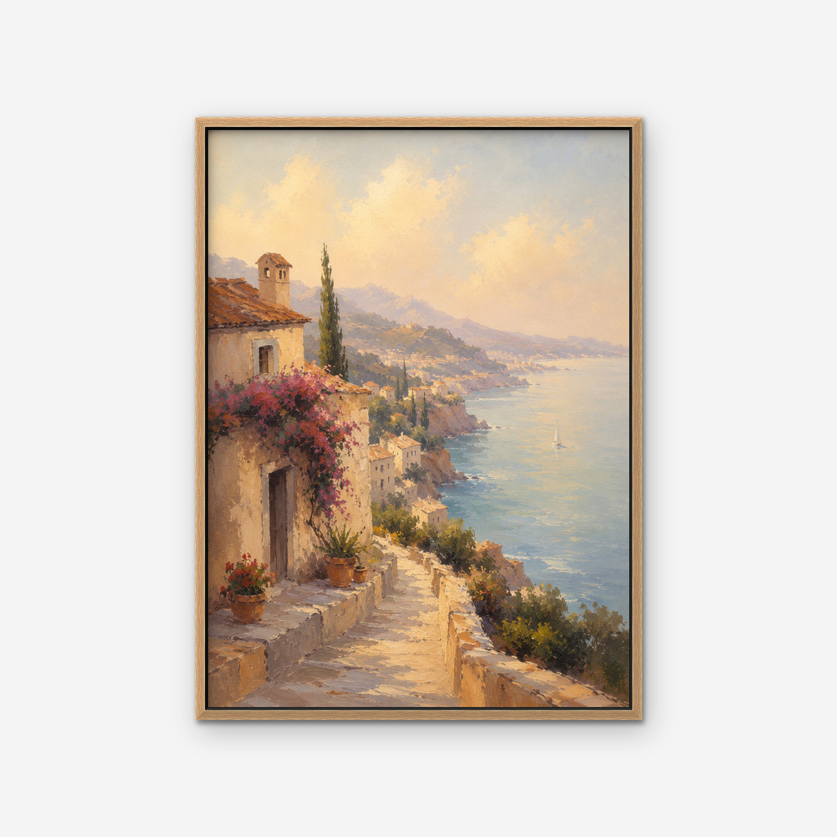 Bougainvillea Coast Villa Canvas Art – vertical coastal villa landscape print in an oak floating frame on a white background