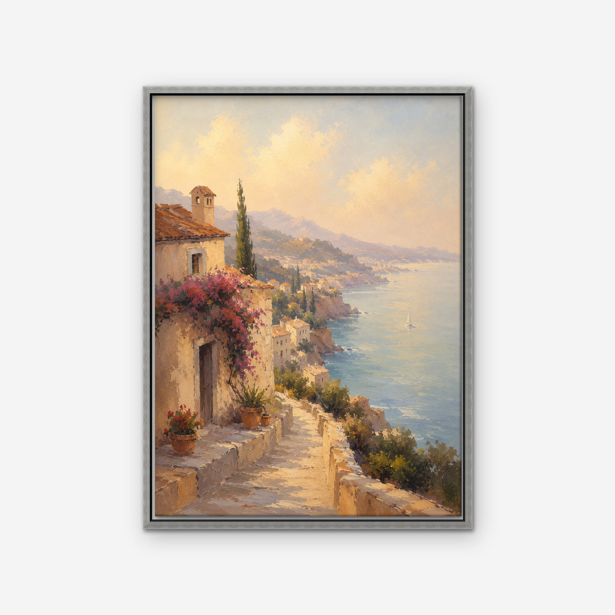 Bougainvillea Coast Villa Canvas Art - Vertical – Silver Floating Frame on white background