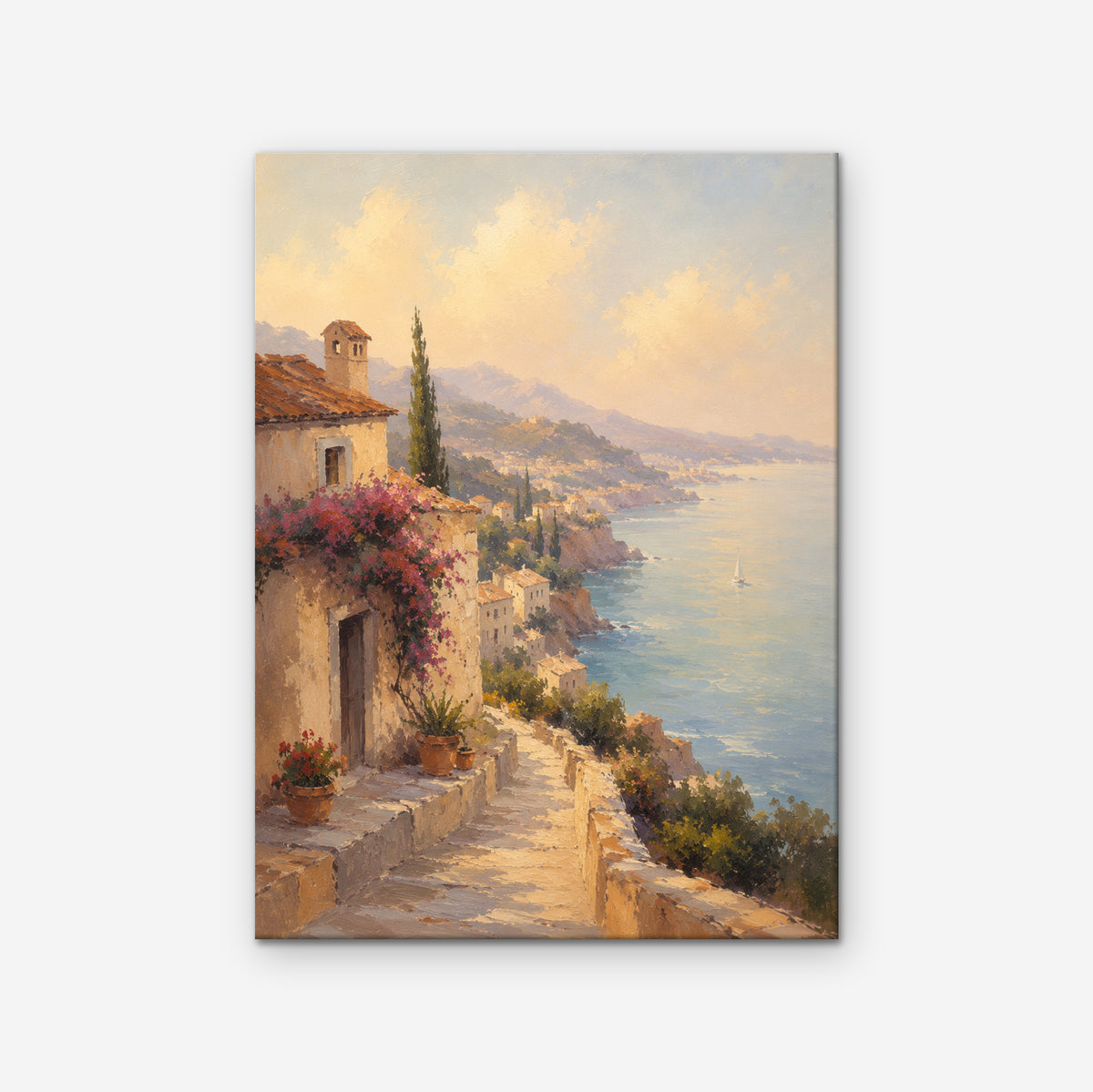 Bougainvillea Coast Villa Canvas Art – vertical coastal villa landscape print as a gallery-wrapped canvas on a white background