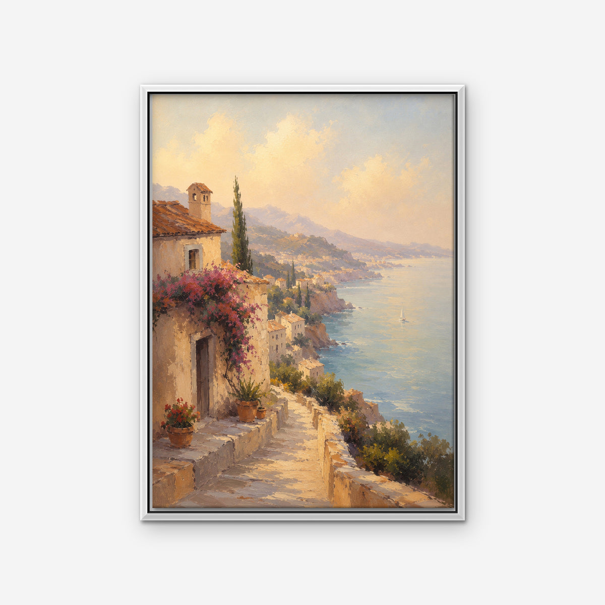 Bougainvillea Coast Villa Canvas Art - Vertical – White Floating Frame on white background
