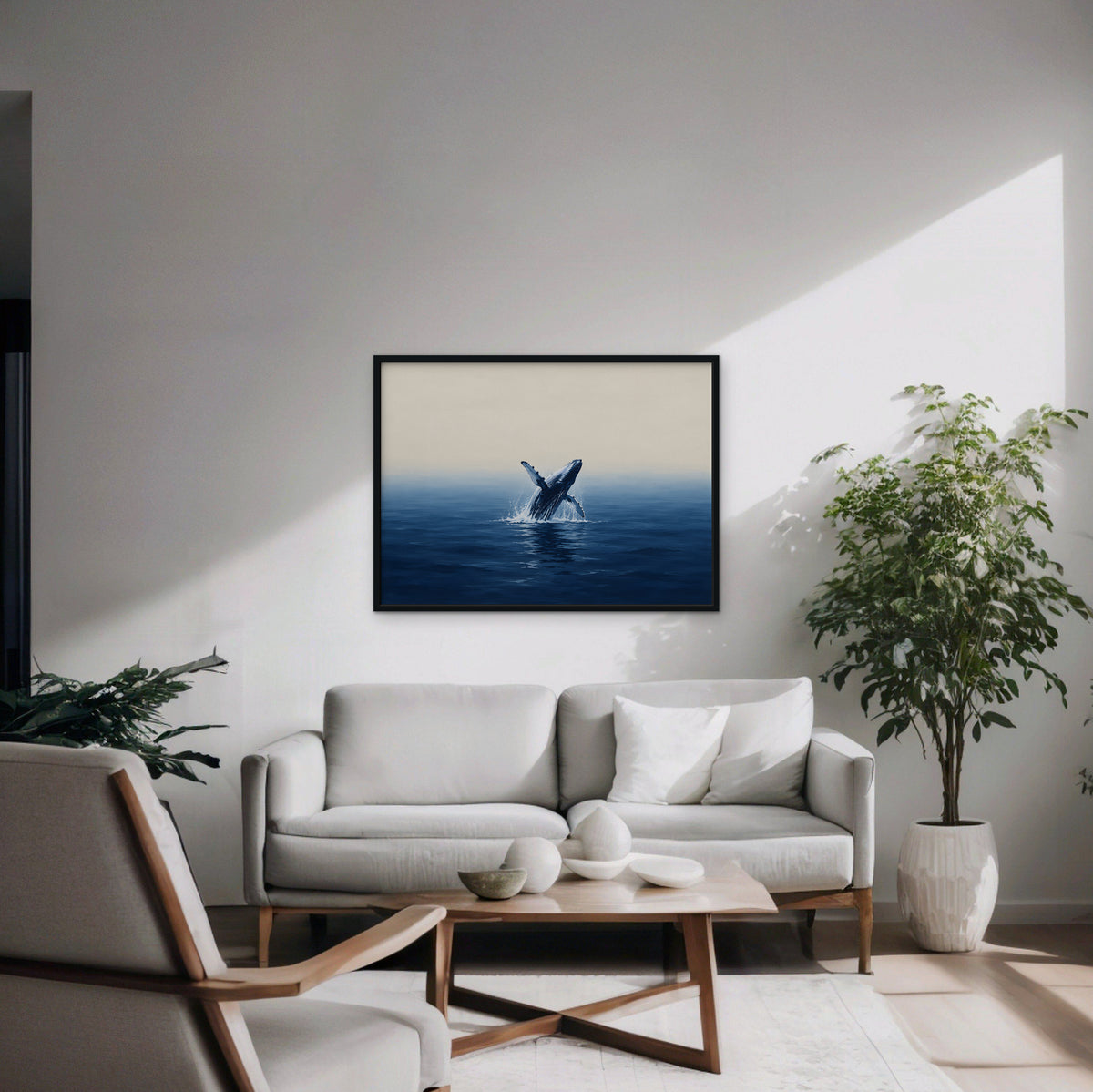 Breaching Whale Canvas Art - Horizontal – Black Floating Frame in room setting