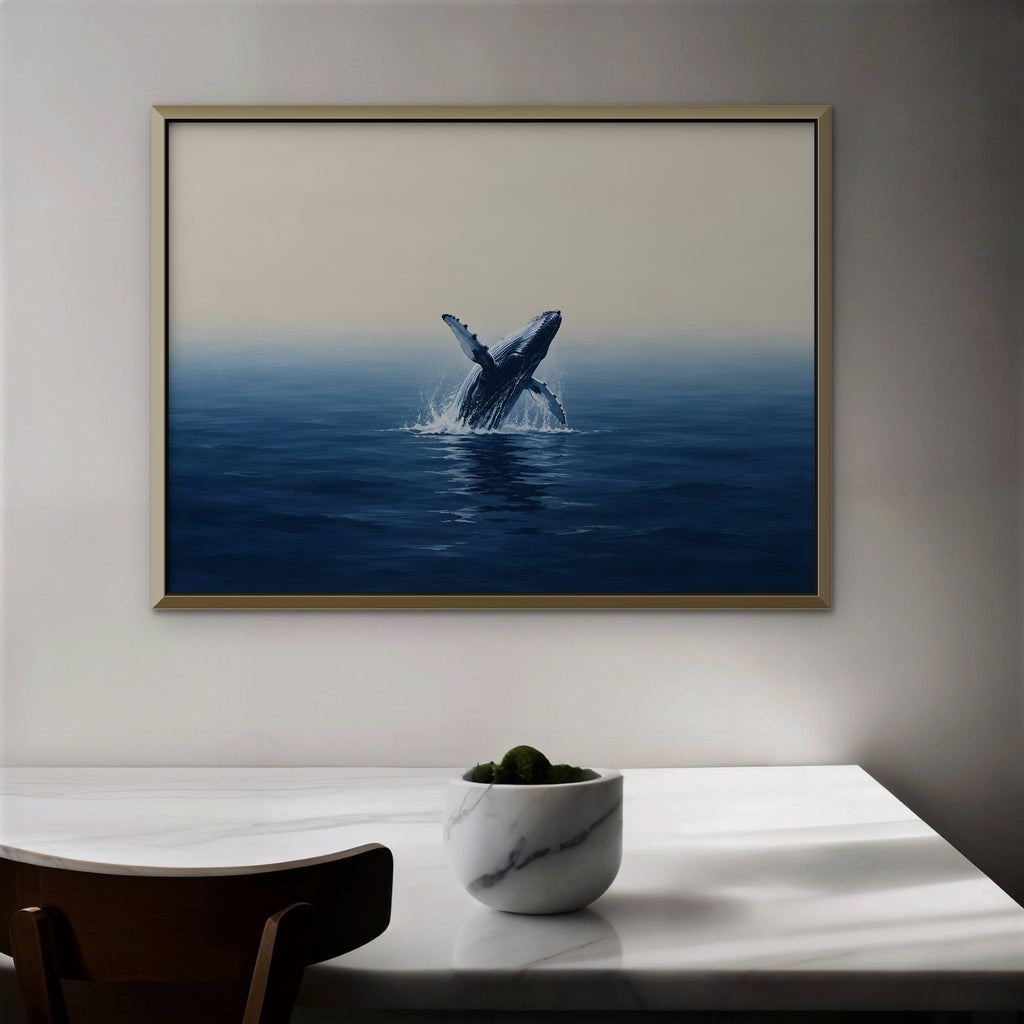 Breaching Whale Canvas Art - Horizontal – Gold Floating Frame in room setting