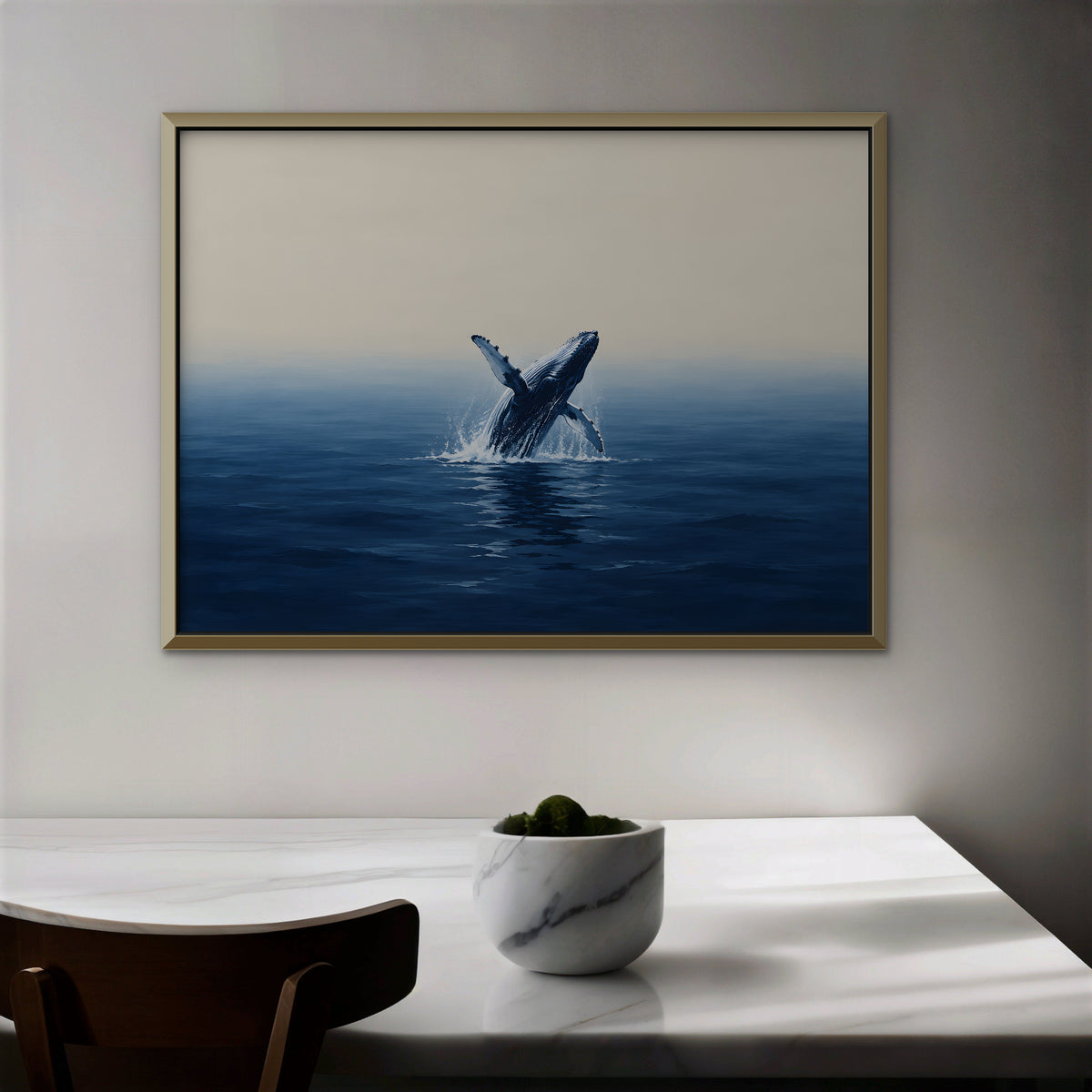Breaching Whale Canvas Art - Horizontal – Gold Floating Frame in room setting