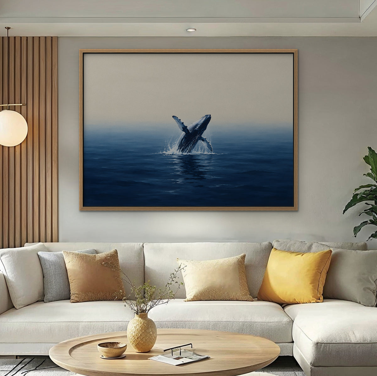Breaching Whale Canvas Art - Horizontal – Oak Floating Frame in room setting