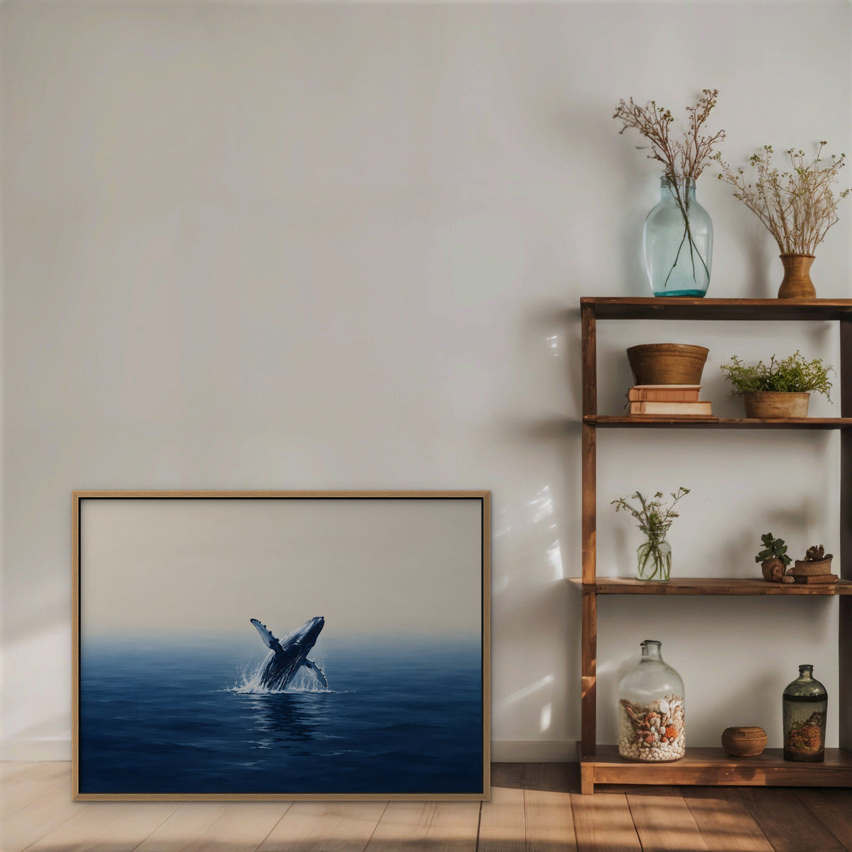 Breaching Whale Canvas Art - Horizontal – Oak Floating Frame in room setting