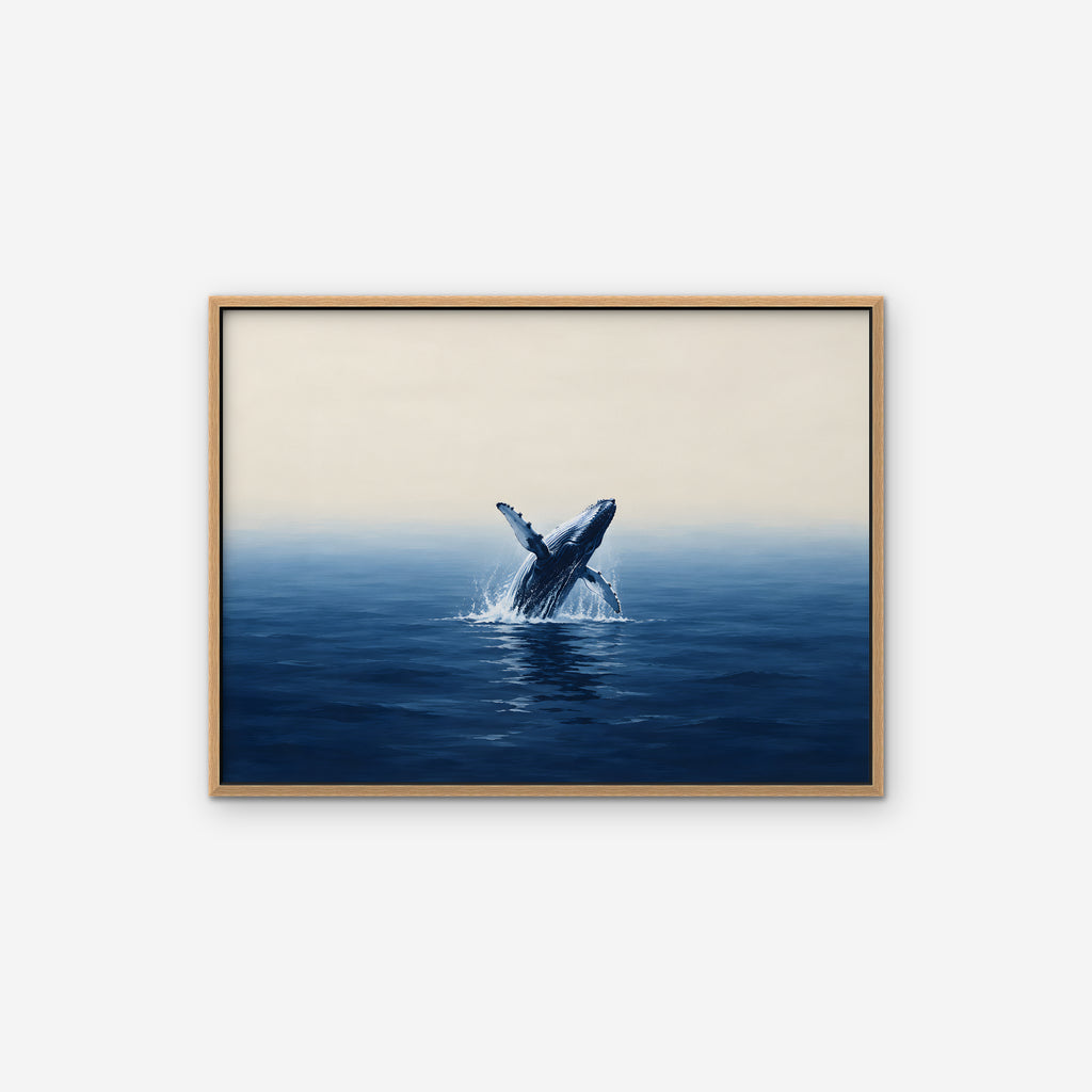 Breaching Whale Canvas Art - Horizontal – Oak Floating Frame on white background