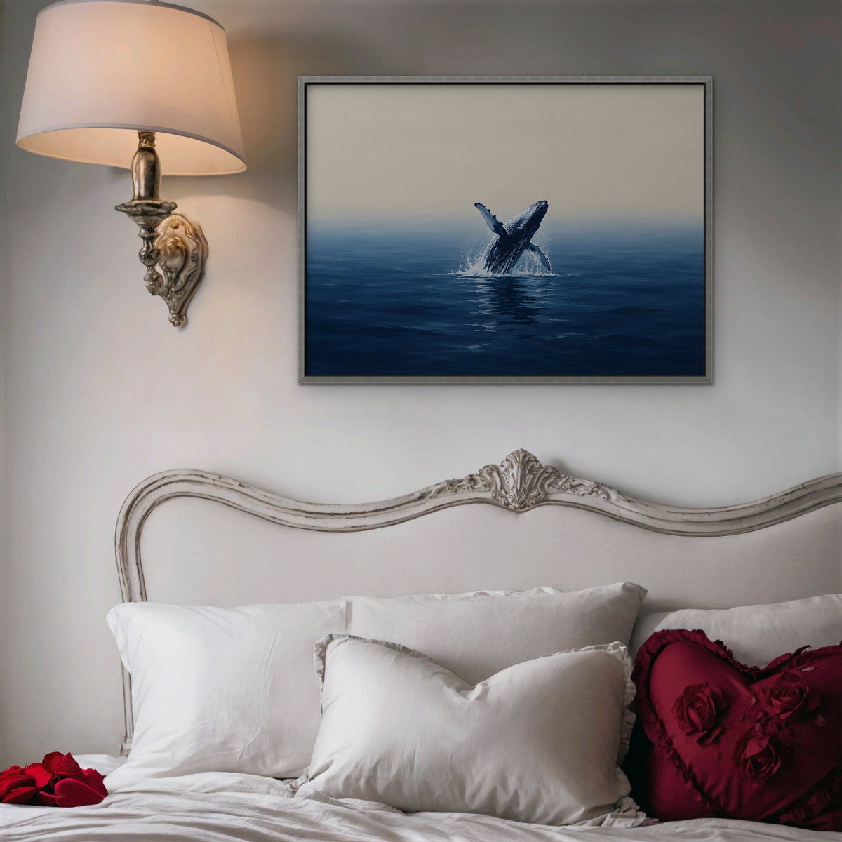 Breaching Whale Canvas Art - Horizontal – Silver Floating Frame in room setting