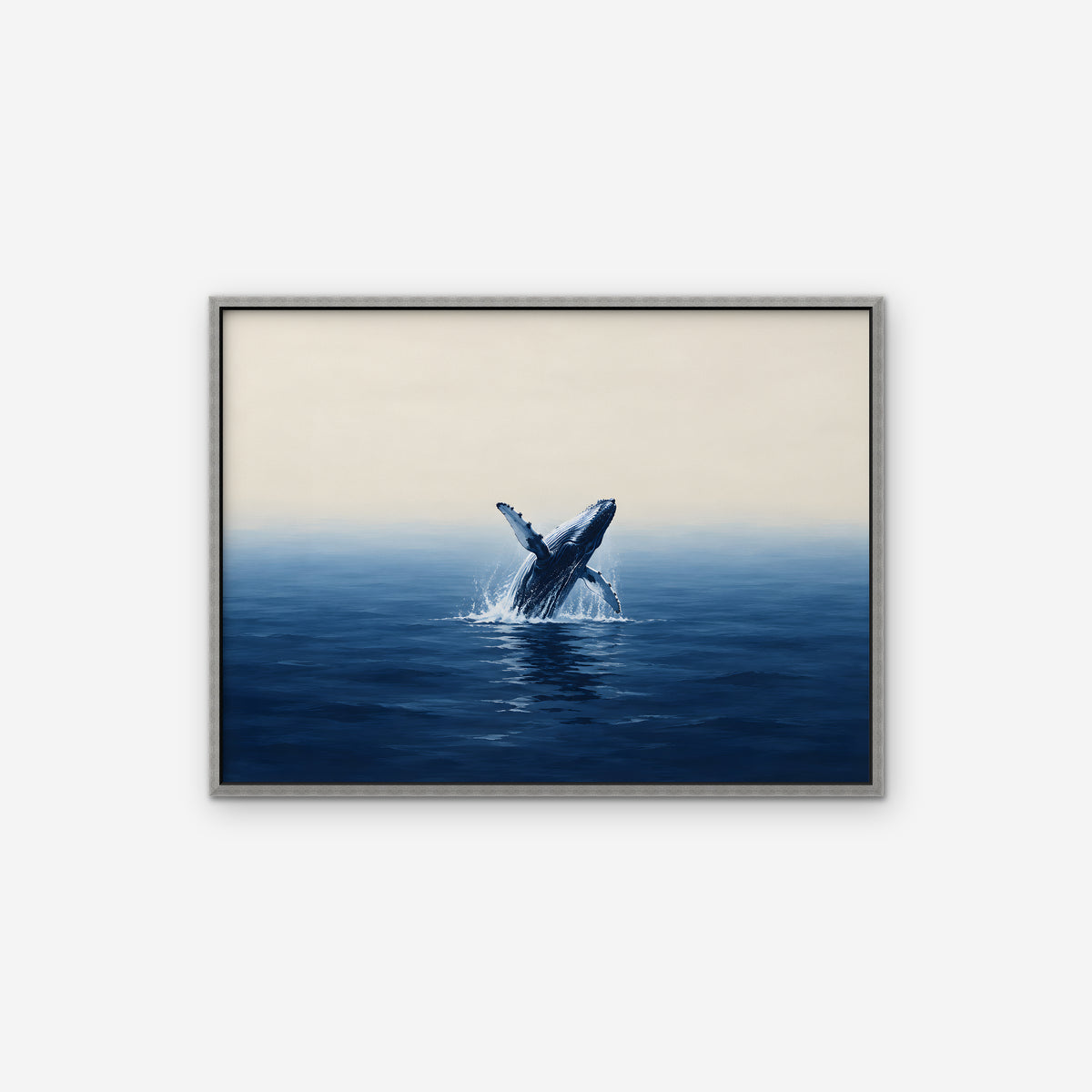 Breaching Whale Canvas Art - Horizontal – Silver Floating Frame on white background
