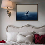 Breaching Whale Canvas Art - Horizontal – Walnut Floating Frame in room setting