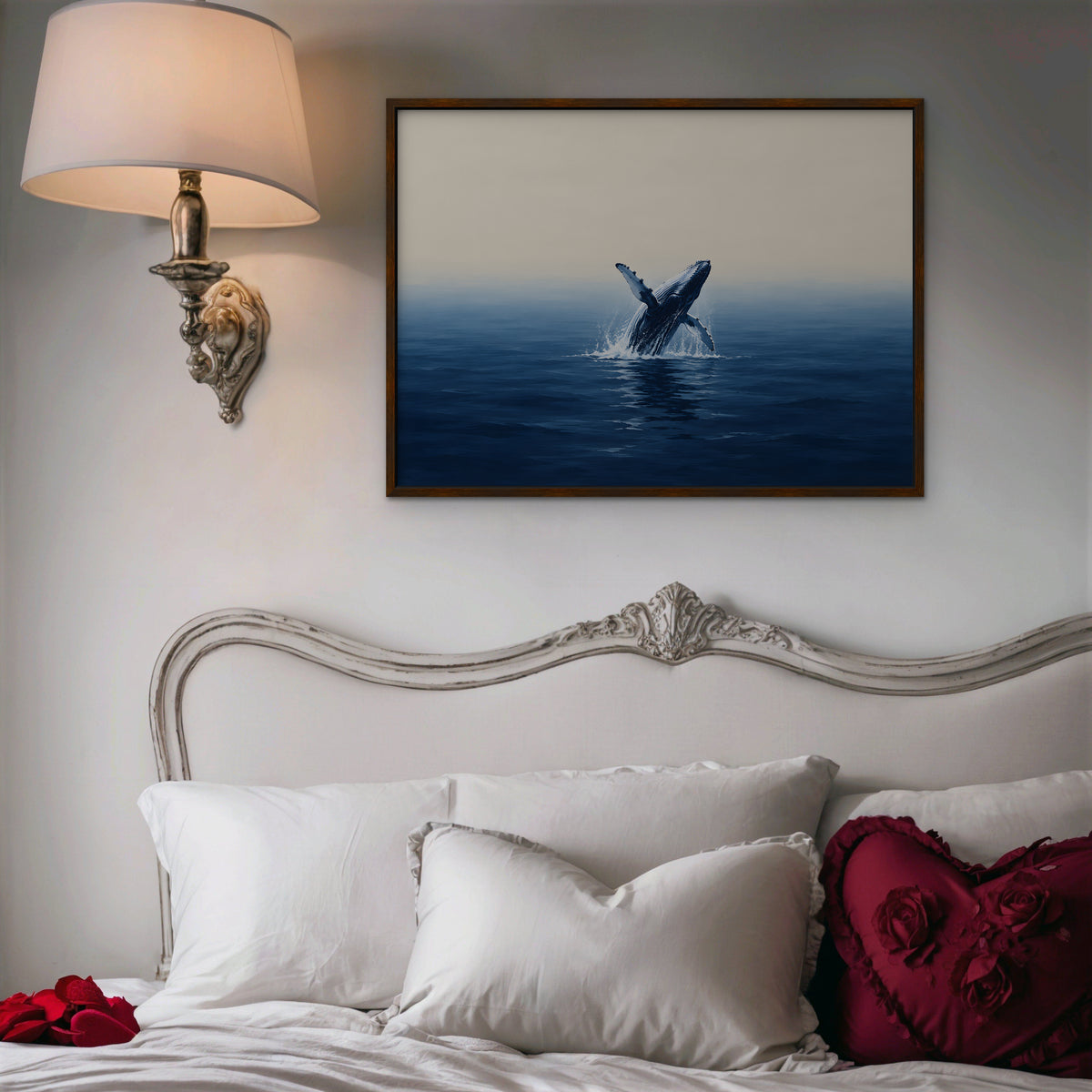 Breaching Whale Canvas Art - Horizontal – Walnut Floating Frame in room setting