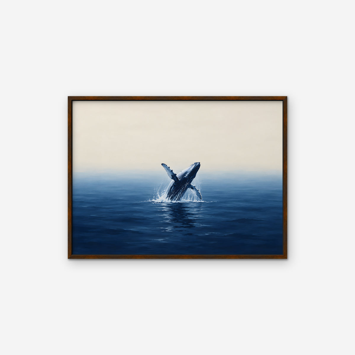 Breaching Whale Canvas Art - Horizontal – Walnut Floating Frame on white background