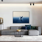 Breaching Whale Canvas Art - Horizontal – White Floating Frame in room setting