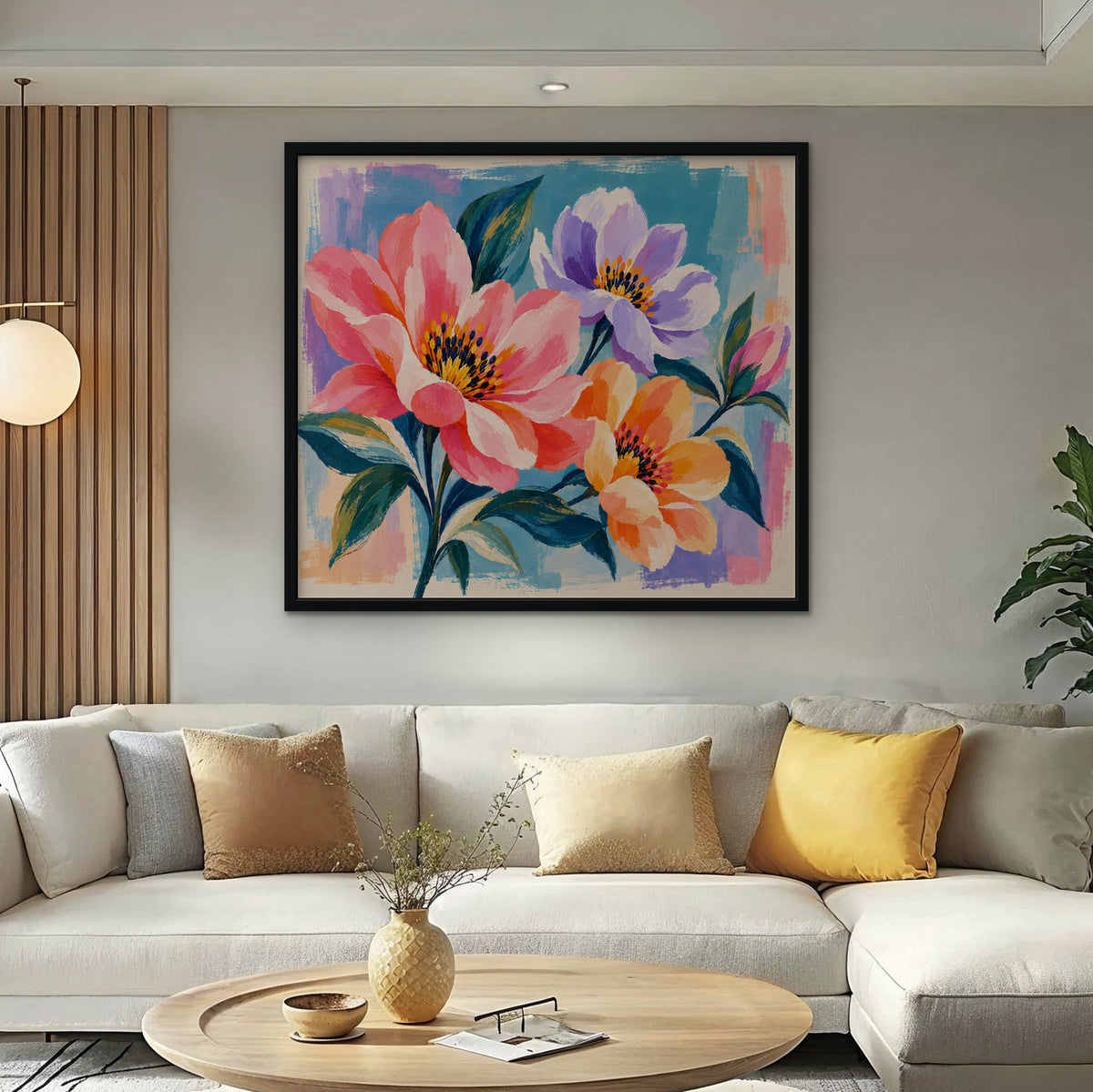 Bright Garden Flowers Canvas Art - Horizontal – Black Floating Frame in room setting