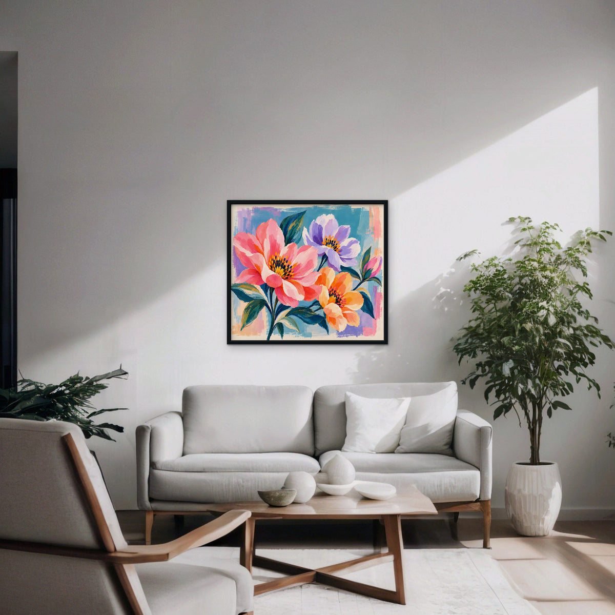 Bright Garden Flowers Canvas Art - Horizontal – Black Floating Frame in room setting