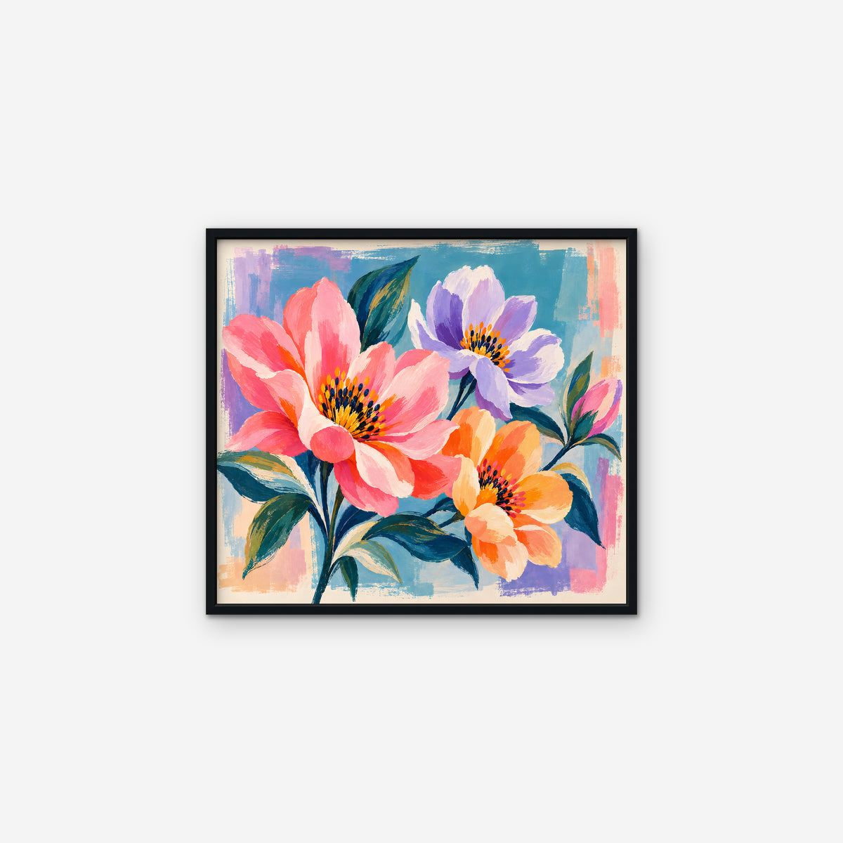 Bright Garden Flowers Canvas Art - Horizontal – Black Floating Frame on white background