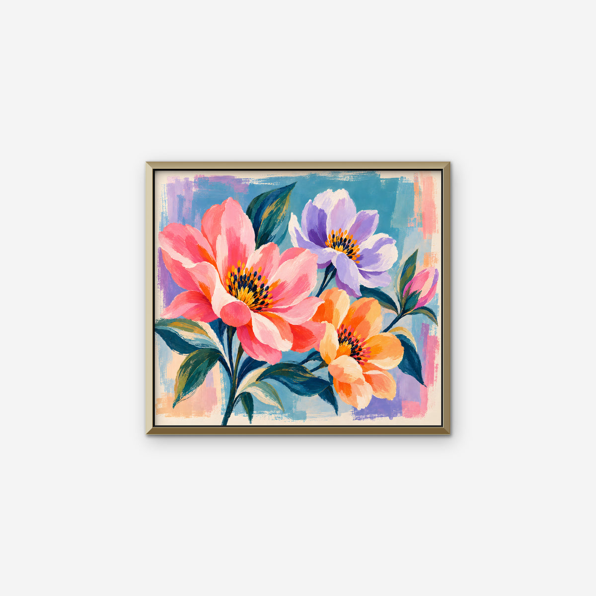 Bright Garden Flowers Canvas Art - Horizontal – Gold Floating Frame on white background