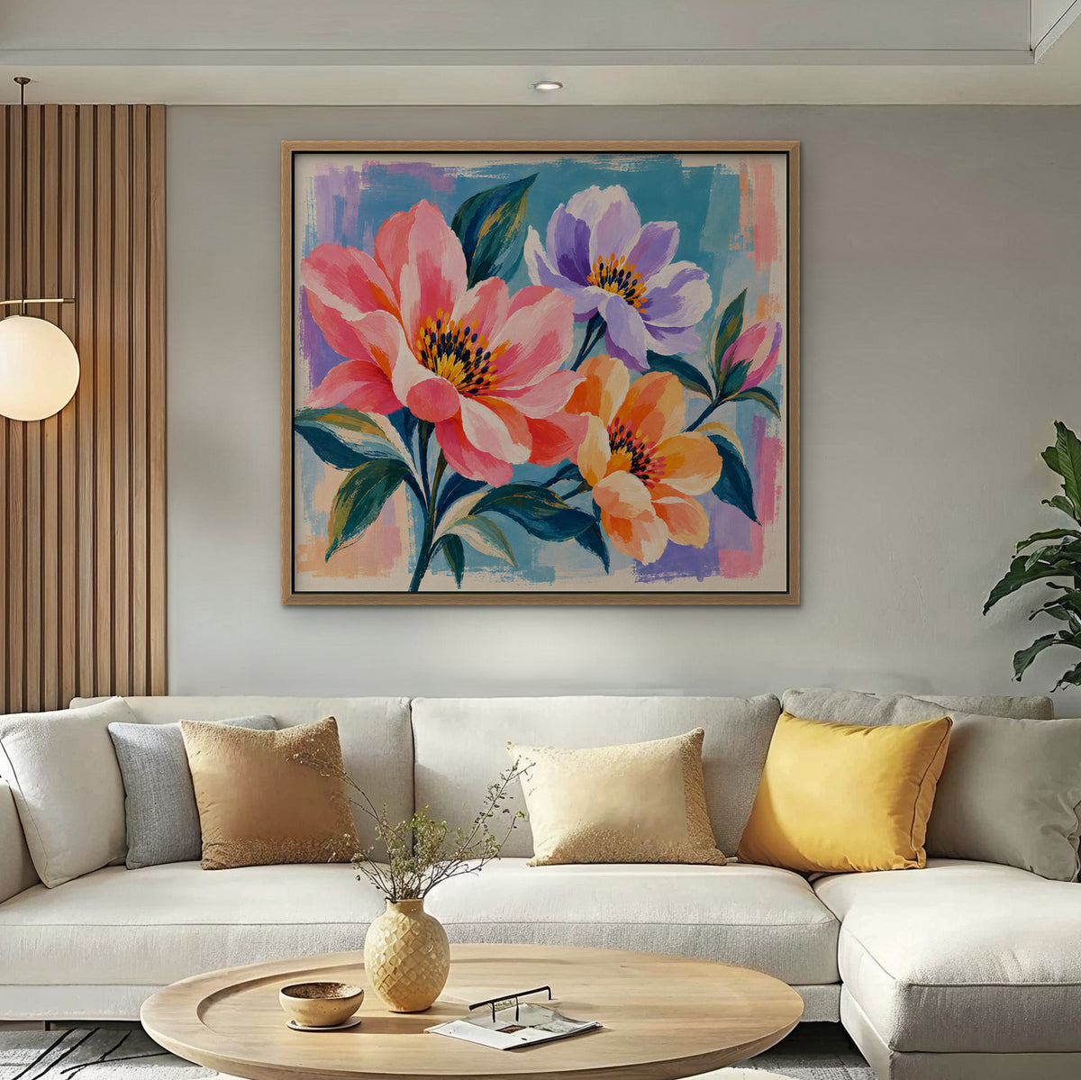 Bright Garden Flowers Canvas Art - Horizontal – Oak Floating Frame in room setting