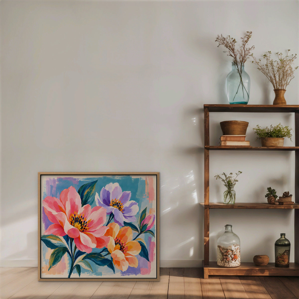 Bright Garden Flowers Canvas Art - Horizontal – Oak Floating Frame in room setting