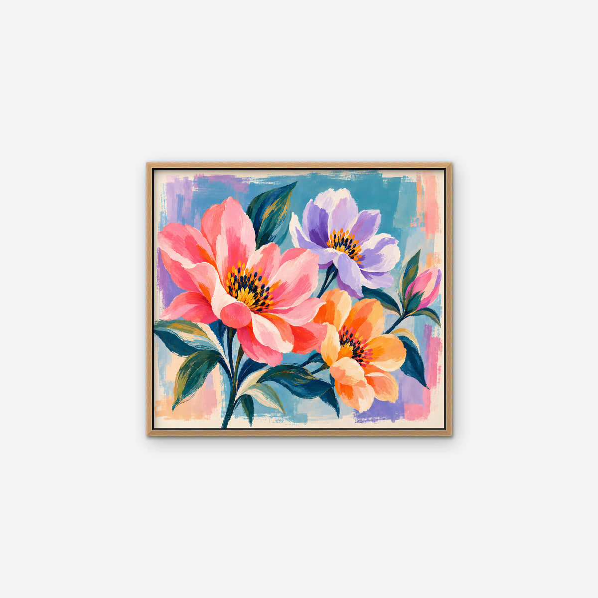 Bright Garden Flowers Canvas Art - Horizontal – Oak Floating Frame on white background