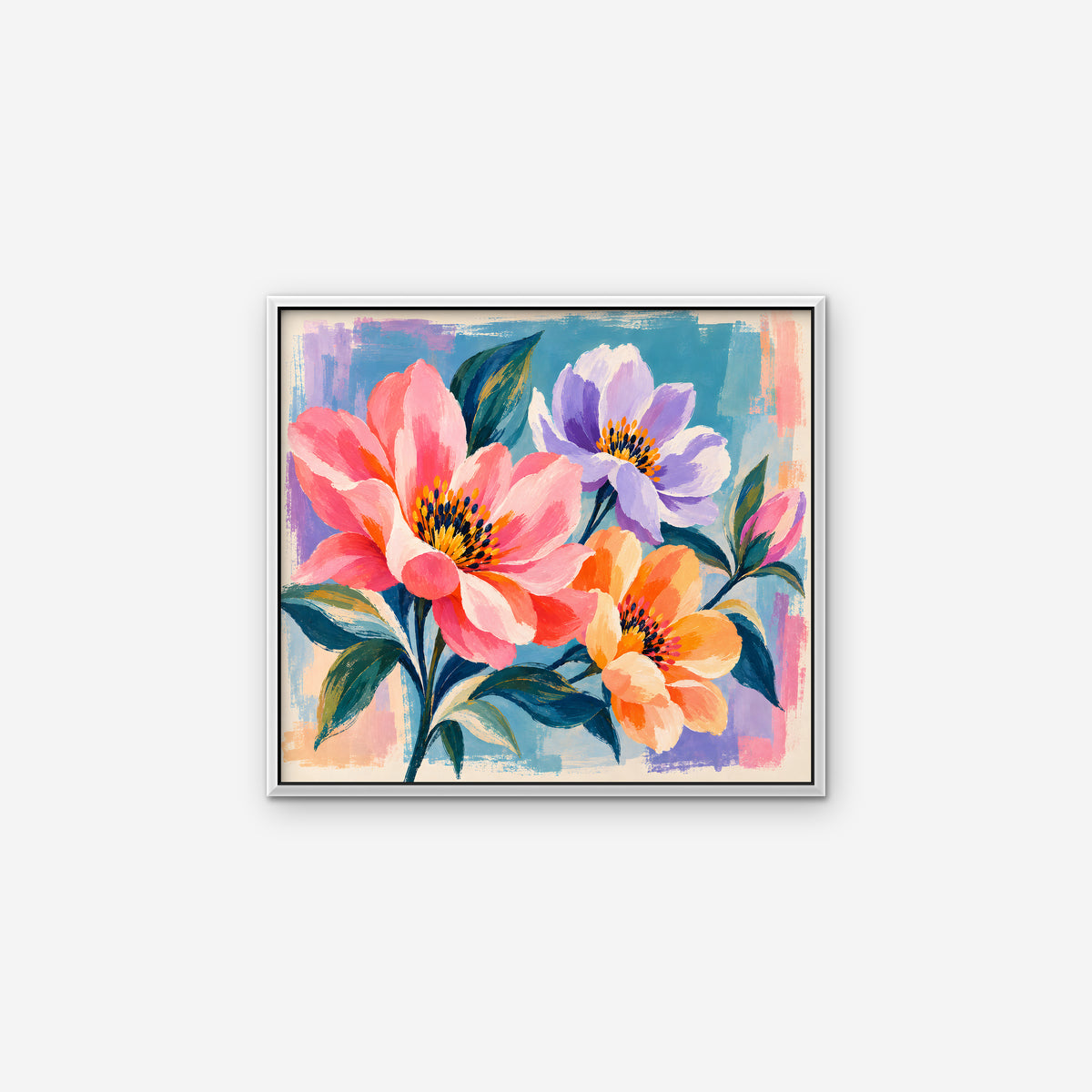 Bright Garden Flowers Canvas Art - Horizontal – White Floating Frame on white background