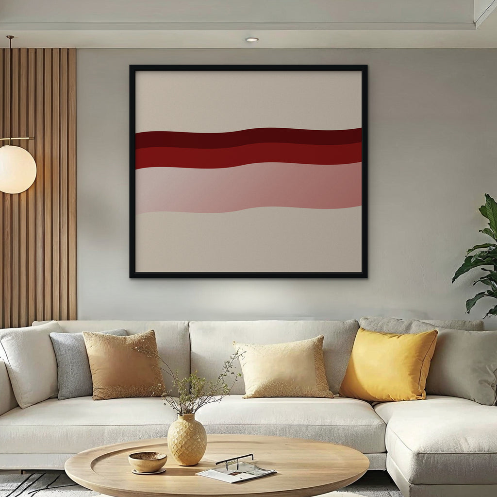 Burgundy Waves Canvas Art - Horizontal – Black Floating Frame in room setting