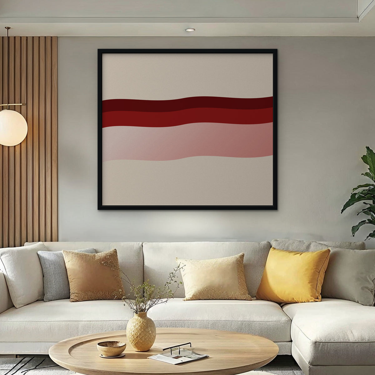 Burgundy Waves Canvas Art - Horizontal – Black Floating Frame in room setting