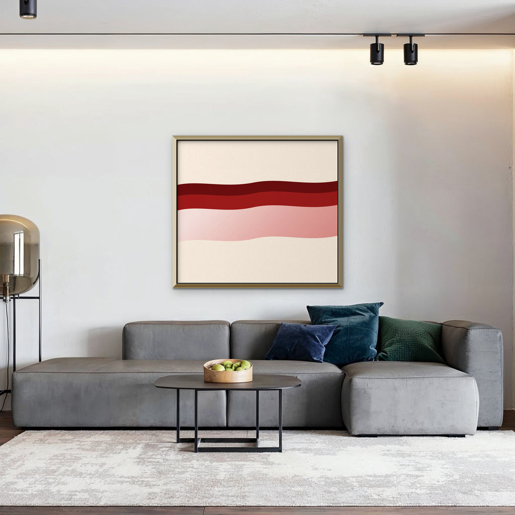 Burgundy Waves Canvas Art - Horizontal – Gold Floating Frame in room setting