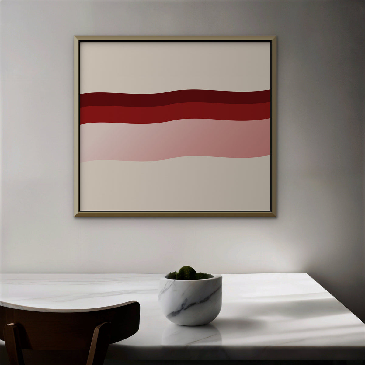 Burgundy Waves Canvas Art - Horizontal – Gold Floating Frame in room setting