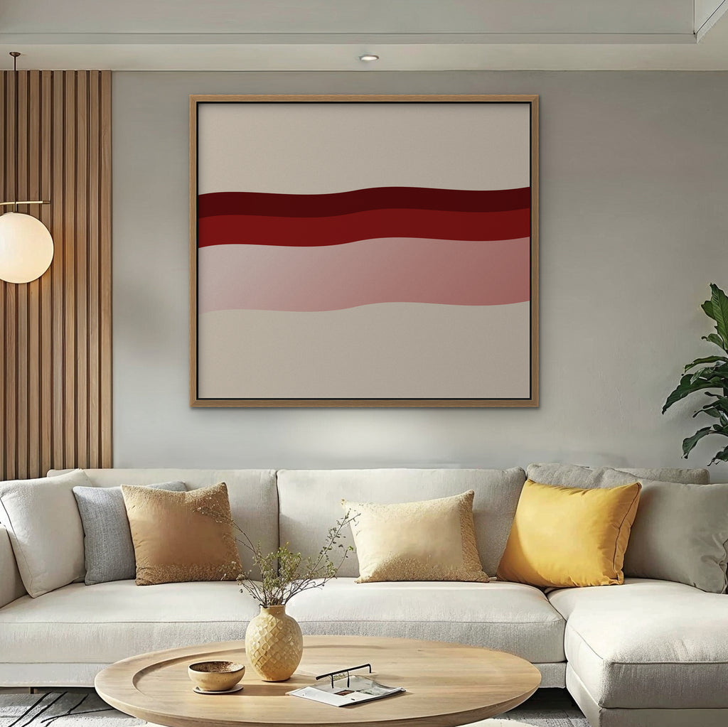 Burgundy Waves Canvas Art - Horizontal – Oak Floating Frame in room setting
